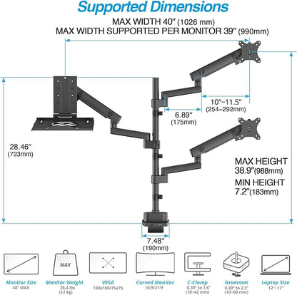 AVLT Laptop & Dual 40 Inch Stacking Monitor Arm Pole Top Mount with USB-C USB-A Ports-Black, Supports 26.4 lbs (12kg), Ultrawide Screen Fit, VESA Compatible, Multi-Screen, Ergonomic Workspace Upgrade