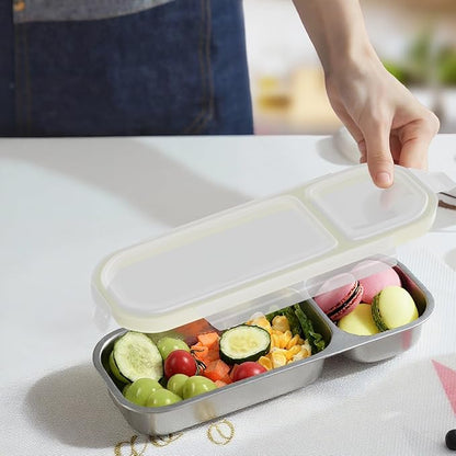 Stainless Steel Snack Containers for Kids Adults, 2 Pack 2 Compartment Metal Snack Containers Box with Lid, Reusable Food Storage Container, Leak Proof, Grab and Go