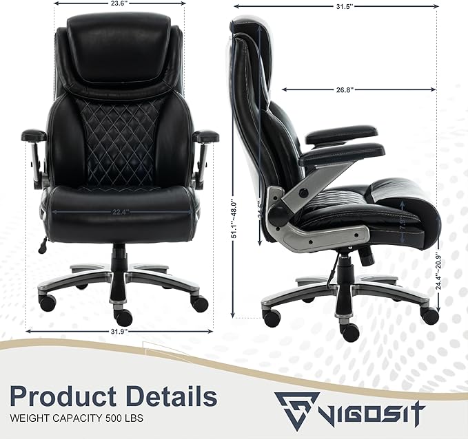 Office Chair, 500 lbs Ergonomic Big and Tall Computer Desk Chair, High-Back Executive with Adjustable Headrest, 3D Reversible Armrests, Silent Wheels for Home, Office, Gaming (Black)