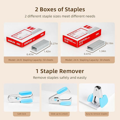 Deli Effortless Desktop Stapler, Heavy Duty Stapler, 40-50 Sheet Capacity, One Finger, No Effort, Includes 1500 Staples & Staple Remover, Sky Blue