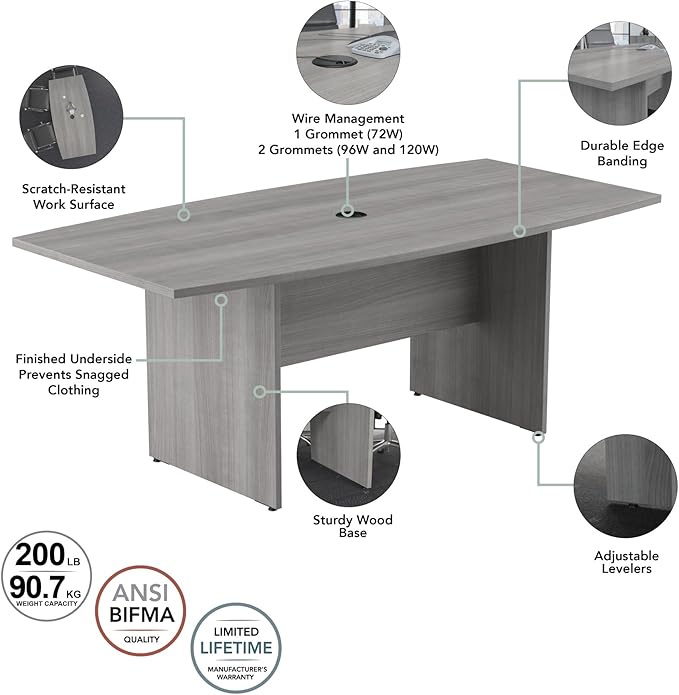 Bush Business Furniture 72-inch Office Conference Table with Wood Base, Boardroom Meeting Space for 6 Users, Platinum Gray