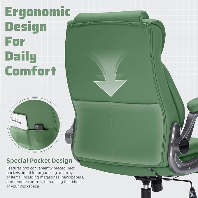 Large High Back Office Chair with Flip Arms- Executive Desk Chair with Locking Wheels, Adjustable Lumbar Support, Ergonomic Synthetic Leather Computer Chair Prevents Cats Scratching