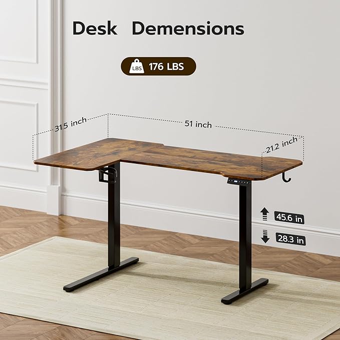 51" Reversiable L-Shaped Electric Standing Desk Adjustable Height Gaming Stand Up Corner Desk Sit Stand Home Office Computer Desk with Splice Board,Black Carbon Top
