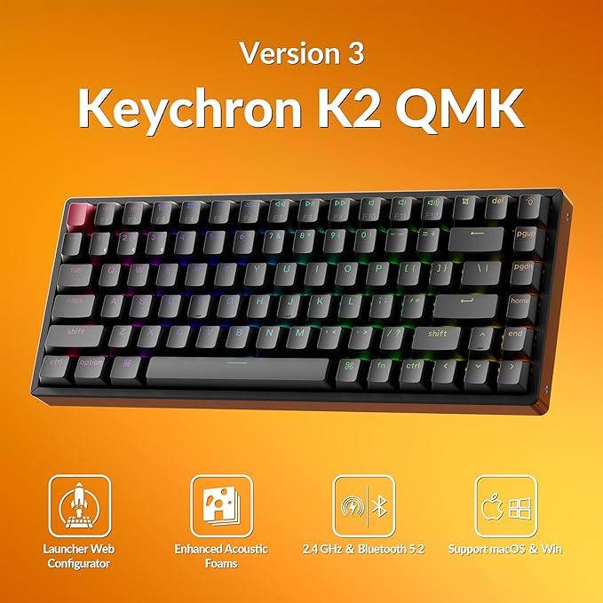 Keychron K2 75% Layout QMK Wireless and Wired Mechanical Keyboard Super Brown Switch, RGB Backlight Aluminum Frame with Shine-Through Double-Shot PBT Keycaps for Mac Windows-Version 3