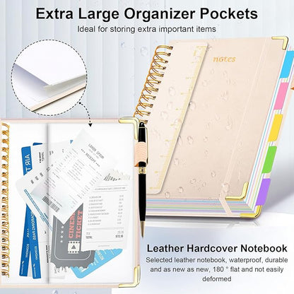 Hardcover Spiral Notebook 8.5"x11" Journal Notebook with Tabs and Removable Dividers 300 Pages 5 Subject Notebook College Ruled, Faux Leather Spiral Bound Notebook for Women School Work(White)