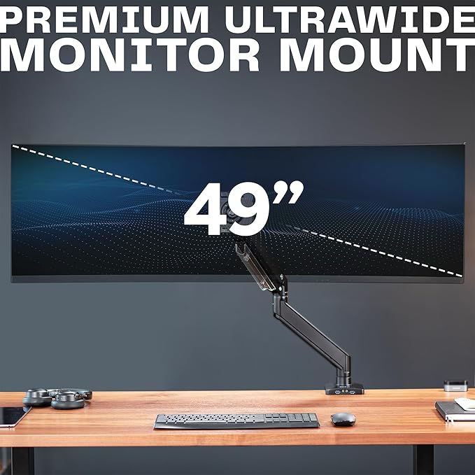 VIVO Premium Aluminum Heavy Duty Monitor Arm with 3.0 USB Ports, Fits Ultrawide Monitors up to 49 inches and 33 lbs, Single Desk Mount Stand, Pneumatic Height, Max VESA 100x100, Black, STAND-V101G1U