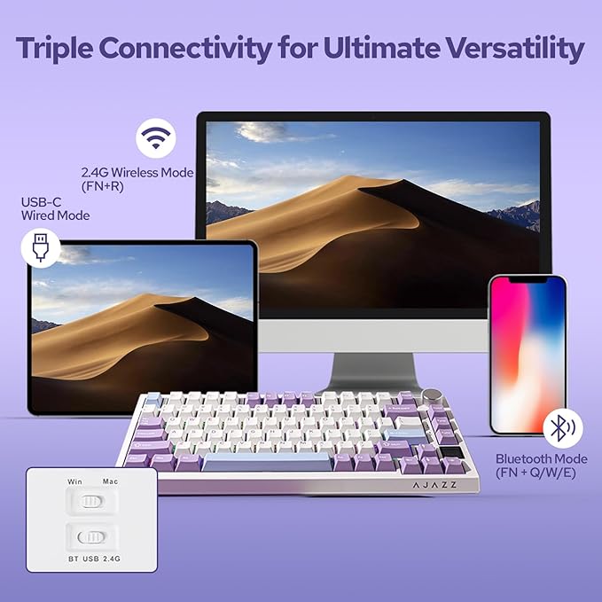 EPOMAKER Ajazz AK820 Pro 75% Wireless Mechanical Keyboard with TFT Smart Display&Knob, Gasket-Mounted Gaming Keyboard, Bluetooth/2.4GHz/USB-C Wired (Purple, Flying Fish Switch)