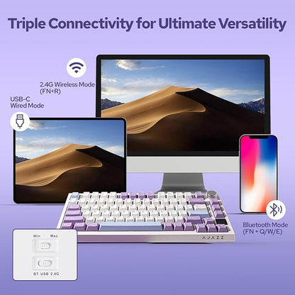 EPOMAKER Ajazz AK820 Pro 75% Wireless Mechanical Keyboard with TFT Smart Display&Knob, Gasket-Mounted Gaming Keyboard, Bluetooth/2.4GHz/USB-C Wired (Purple, Flying Fish Switch)