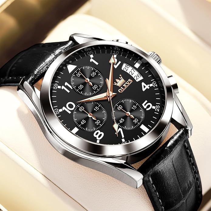 OLEVS Men's Chronograph Leather Watch, Big Face Easy to Read Analog Quartz Dress Watch, Casual Waterproof Luminous Hands Date Watches for Men, White/Blue/Black/Gold Dial