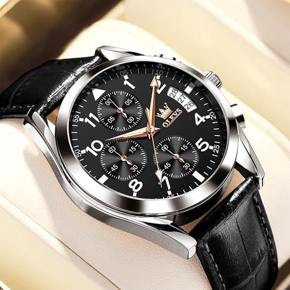 OLEVS Men's Chronograph Leather Watch, Big Face Easy to Read Analog Quartz Dress Watch, Casual Waterproof Luminous Hands Date Watches for Men, White/Blue/Black/Gold Dial