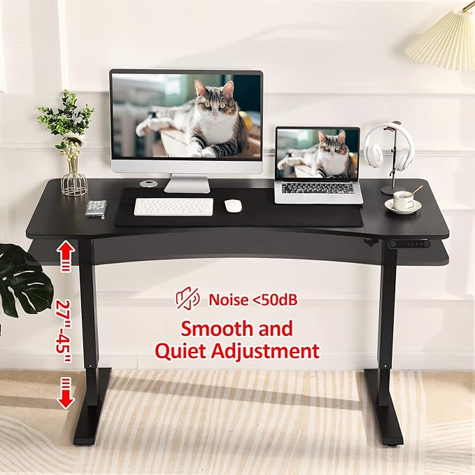 Electric Standing Ergonomic Desk 55 x 24 Inches Adjustable Height Curved Sit Stand Up Desk for Home Office Computer Desk with Memory Preset, Headphone Hook (Black Frame & Black Top)