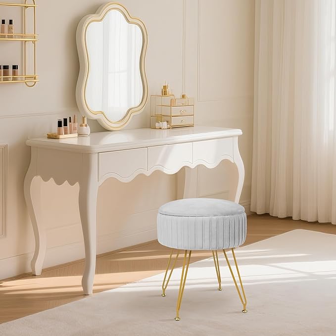 Round Vanity Stool with Storage Ottoman,Vanity Chair for Makeup Room with Removable Cover, Small Footrest Ottoman for Home, Living Room, Bedroom (Grey)