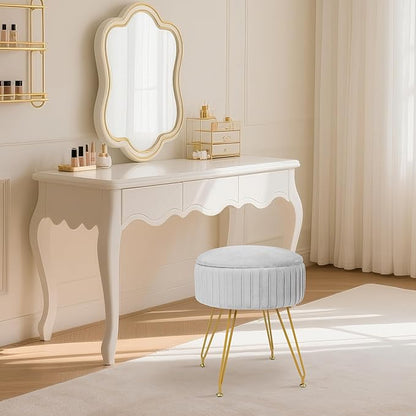 Round Vanity Stool with Storage Ottoman,Vanity Chair for Makeup Room with Removable Cover, Small Footrest Ottoman for Home, Living Room, Bedroom (Grey)