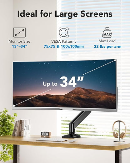 HUANUO Single Monitor Arm 13-34 Inch, Adjustable Gas Spring Arm, Monitor Desk Mount for 4.4-22lbs, VESA 75/100mm with C-Clamp/Grommet Base, Ergonomic Stand for Work/Gaming
