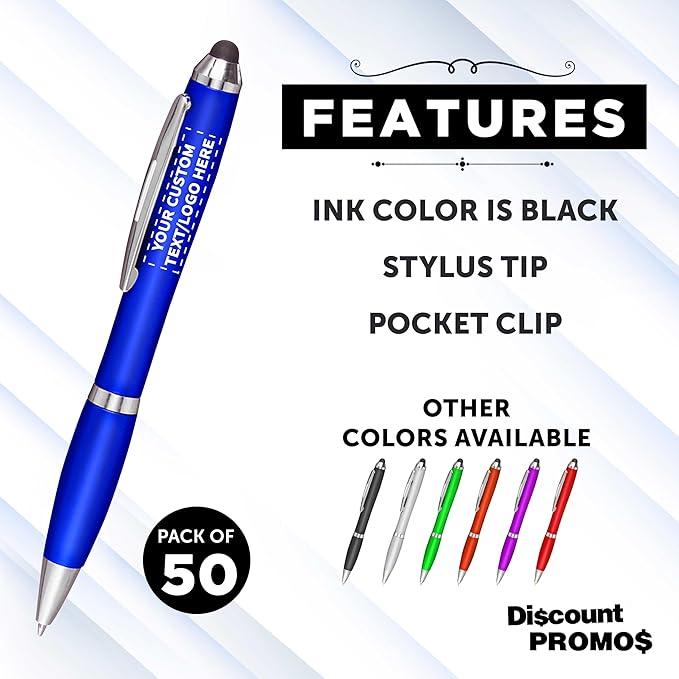 DISCOUNT PROMOS Custom Plastic Stylus Pens Set of 50, Personalized Bulk Pack - Black Ink, Great for Office, School, Business, Tradeshows, Events - Blue