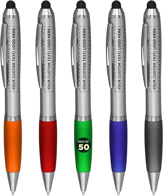 DISCOUNT PROMOS 50 Stylus Ballpoint Pens in Assorted Colors Pack - Customizable Text, Logo - Two in One, Ergonomic, Black Ink - Assorted