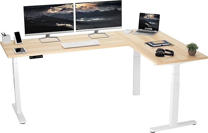 VIVO Electric 78 x 55 inch Square Corner Memory L Shaped Stand Up Desk, Light Wood Table Top, White Frame, Corner Height Adjustable Workstation, 3E-S Series, DESK-KIT-3E5SWC