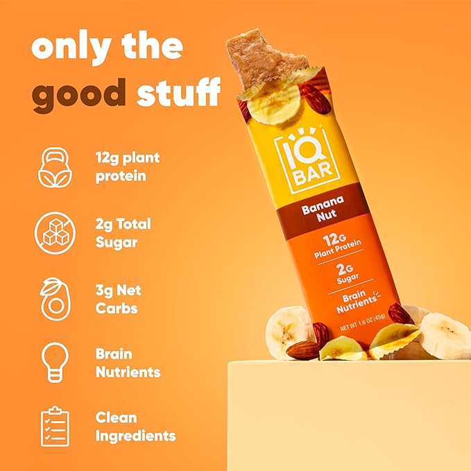 IQBAR Brain and Body Plant Protein Bars - Banana Nut - 24-Count - Keto, Vegan, Low Carb, High Fiber, Gluten Free, Dairy Free, Low Sugar Snack with Nutrients for Focus, Energy, Meal Replacement