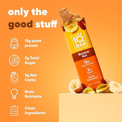 IQBAR Brain and Body Plant Protein Bars - Banana Nut - 24-Count - Keto, Vegan, Low Carb, High Fiber, Gluten Free, Dairy Free, Low Sugar Snack with Nutrients for Focus, Energy, Meal Replacement