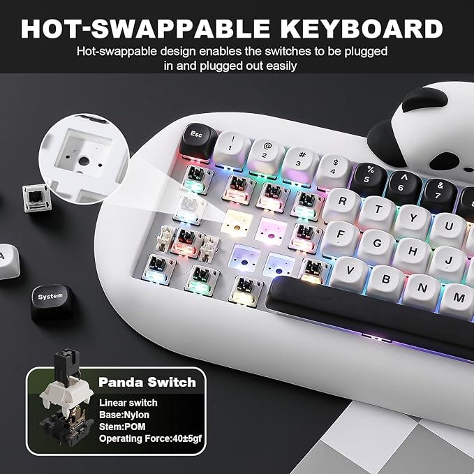 YUNZII C68 Panda Wireless Mechanical Gaming Keyboard, 68 Keys Cute Layout with PBT Keycaps,RGB Backlit, Hot Swappable,Creamy Switches,BT5.0/2.4G/Wired for Win/Mac(White,Panda Switch)