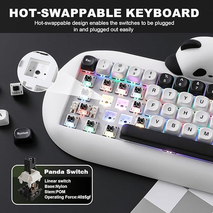 YUNZII C68 Panda Wireless Mechanical Gaming Keyboard, 68 Keys Cute Layout with PBT Keycaps,RGB Backlit, Hot Swappable,Creamy Switches,BT5.0/2.4G/Wired for Win/Mac(White,Panda Switch)