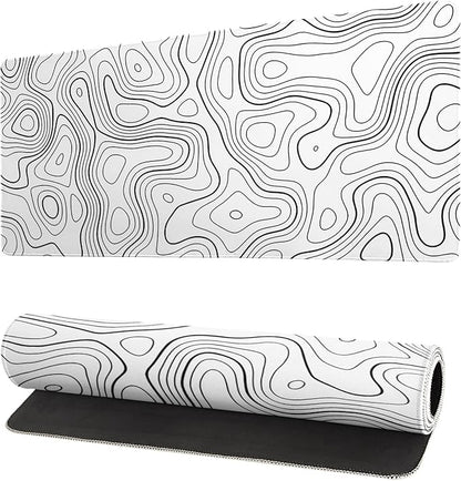 Topographic Contour Gaming Mouse Pad White Large Mouse Pad for Keyboard and Mousepad Desk Mat with 3mm Non-Slip Base and Stitched Edge for Gaming and Office Computer Mat Protector Mat 27.6x11.8 Inch