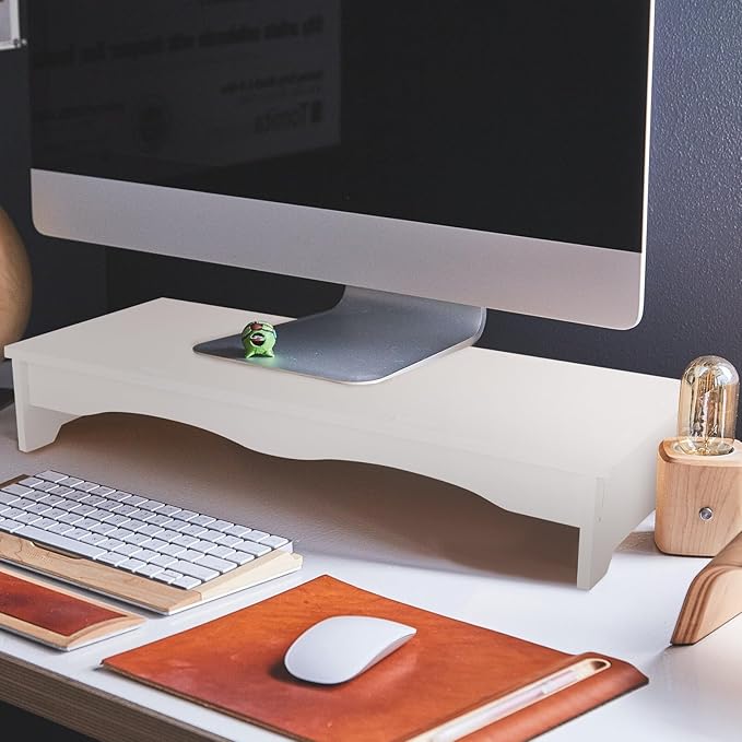 Computer Monitor Stand White Desktop Base Bracket Elevated Height Holder with Keyboard Storage for Office Desk Ergonomic Neck Relief and Sturdy Support
