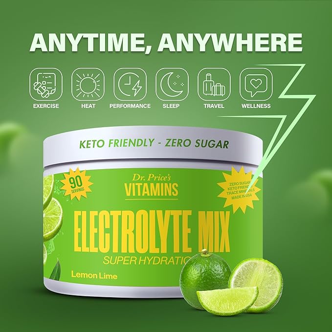 Dr. Price’s Electrolytes Powder Bulk | Lemon Lime 90 Servings | Sugar Free Hydration Powder with 72+ Trace Minerals | Keto, Vegan, Electrolyte Drink Mix | Doctor-Formulated, Made in USA