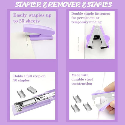 Purple Desk Accessories, 17Pcs Purple Office Supplies Set Include Mesh Desk Organizer, Stapler, Tape Dispenser, Staple Remover, Pen Holder, Clips, Pens, Ruler, for Office Home School Women