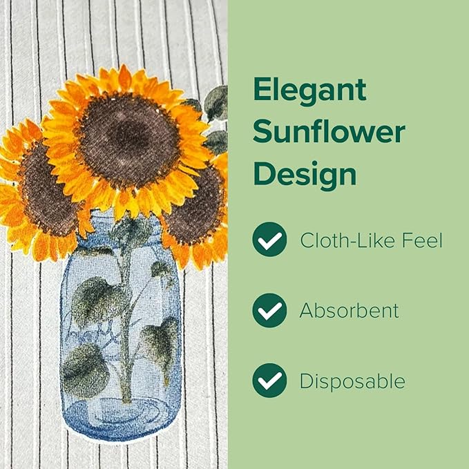 SimuLinen Decorative Sunflower Disposable Bathroom Guest Towels - Cloth-Like, Single-Use, Linen Feel Paper Towels, 12x17", 100ct (Made in Germany)