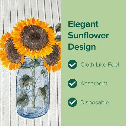 SimuLinen Decorative Sunflower Disposable Bathroom Guest Towels - Cloth-Like, Single-Use, Linen Feel Paper Towels, 12x17", 100ct (Made in Germany)