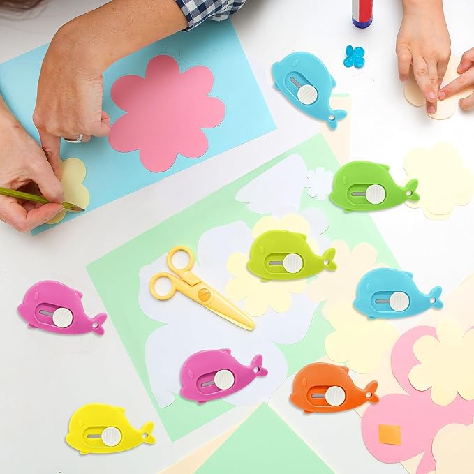 100PCS Whale Shaped Mini Utility Knives Retractable Box Cutters in 6 Colors (Orange, Green, Yellow, Blue, Mint, Pink) for Office, Crafts & Daily Use