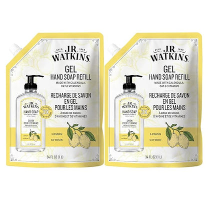 J.R. Watkins Gel Hand Soap Refill, Moisturizing Hand Wash, Formulated with Plant-Based Cleansers, Alcohol-Free, Cruelty-Free, Lemon, 34 Fl Oz, 2 Pack