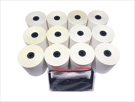 Compatible 2 ply Carbonless Copy Paper Roll white/canary 3 x 95 (12 rolls) plus replacement Printer Ribbon for Epson ERC 30/34/38