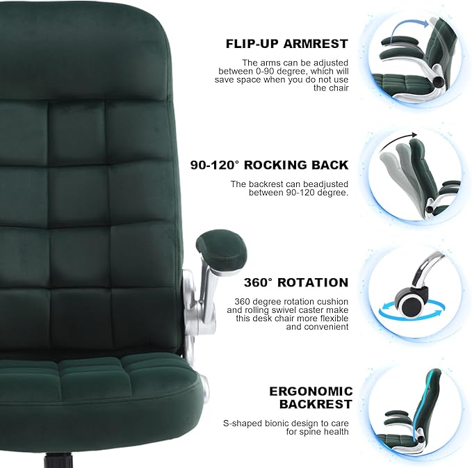 High Back Fabric Office Chair, Velvet Executive Desk Chair with Flip-Up Arms, Ergonomic Office Chairs with Lumbar Support, Upholstered Home Computer Swivel Chair with Wheels(Green)