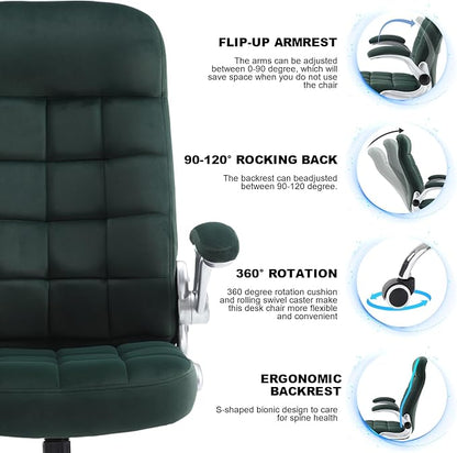 High Back Fabric Office Chair, Velvet Executive Desk Chair with Flip-Up Arms, Ergonomic Office Chairs with Lumbar Support, Upholstered Home Computer Swivel Chair with Wheels(Green)