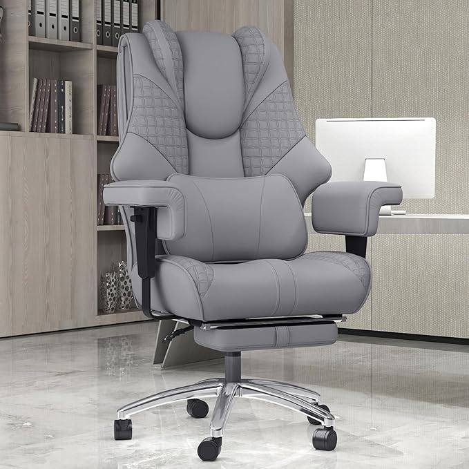 600LBS Big and Tall Office Chair, Oversized Leather Executive Chair with Foot Rest, Wide Ergonomic High-Back Reclining Computer Desk Chair for Heavy People with Lumbar Support and Rolling Wheels