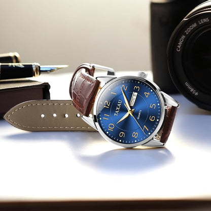 Men's Watch Big Face Easy Read Arabic Numeral Dress Watches for Men Classic Black Brown Leather Band Analog Mens Wrist Watch with Day and Date Fashion Business Waterproof Luminous Quartz Watch
