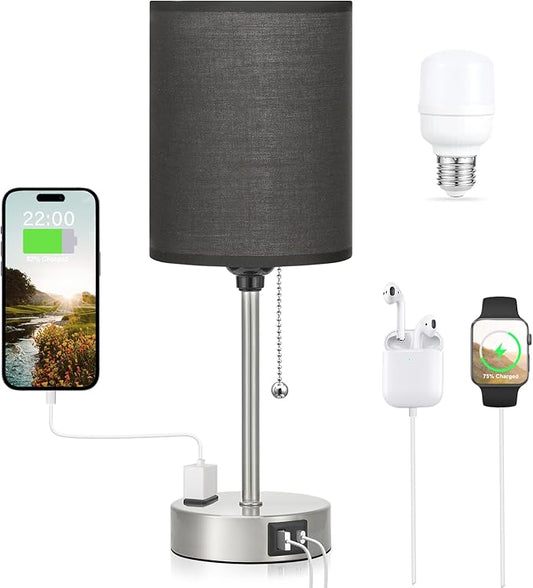 Black Table Lamp for Bedroom Nightstand - 3 Color Temperature Bedside Lamp with USB C and A Ports, Pull Chain Lamp for Bedroom with AC Outlet, Small Lamps Silver Metal Base for Kids Boys/Dorm Room