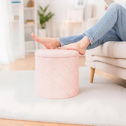 B FSOBEIIALEO Ottoman with Stroage, Boucle Round Storage Ottoman with Tray,Foot Rest Stool for Dorm Room, Living Room Pink, 12.99"x12.99"x13.78"