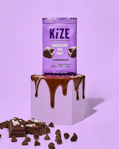 KiZE Energy Bars - Chocolate Sea Salt - Gluten Free, Dairy Free, Non-GMO, and High Protein Meal Replacement Energy Bars, Meal Bas, Clean & Simple Food Ingredients - 7g High Protein Snacks, (10 Count)