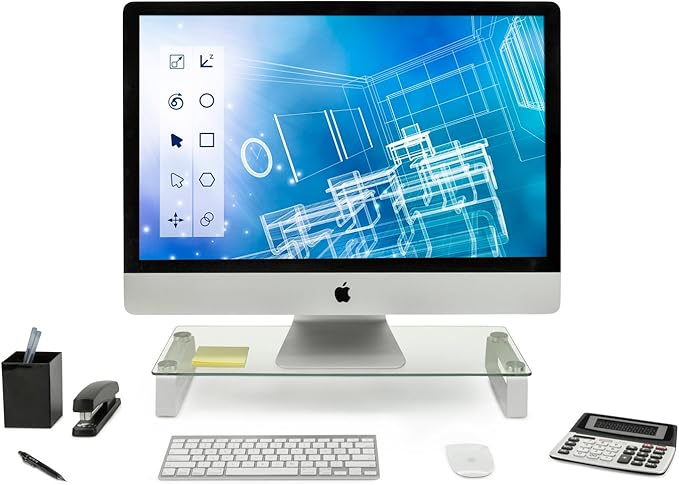 Mount-It! Glass Computer Monitor Riser and Laptop Stand | Clear Flat Screen Display Stand, Desktop Shelf and Organizer, Glass and Aluminum Construction, 22 Inches Wide, 44 lb Carrying Capacity
