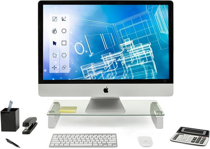 Mount-It! Glass Computer Monitor Riser and Laptop Stand | Clear Flat Screen Display Stand, Desktop Shelf and Organizer, Glass and Aluminum Construction, 22 Inches Wide, 44 lb Carrying Capacity