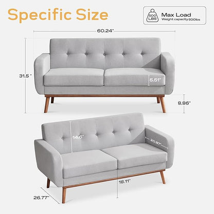 HUIMO Living Room Set, Button Tufted Living Room Furniture Sets, Upholstered Modern Couch Set with Solid Frame, Deep Seat Sofa Set for Living Room, Office (Light Grey, 2 Piece Set-loveseat+Chair)