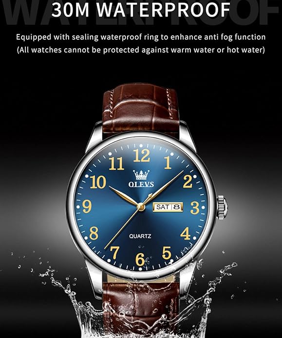 OLEVS Mens Watches Vintage Leather Band Dress Classic Easy Reader Arabic Numerals Analog Quartz Waterproof Date and Day Blue/Black/White Large Face Men's Wrist Watches
