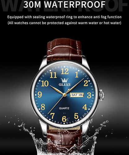 OLEVS Mens Watches Vintage Leather Band Dress Classic Easy Reader Arabic Numerals Analog Quartz Waterproof Date and Day Blue/Black/White Large Face Men's Wrist Watches