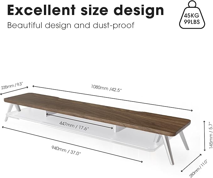Fenge Dual Monitor Stand for Desk, 2 Tiers Monitor Riser with Acrylic Shelf, 42.5 Inch Wood and Aluminum Desk Shelf with Phone and Tablet Holder