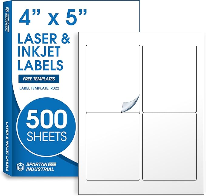 4" X 5" Printable Shipping Labels Compatible with Inkjet and Laser Printers - 500 Sheets, 2000 Total Matte White Paper Stickers for Mailing and Addresses - Spartan Industrial Template R022