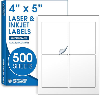 4" X 5" Printable Shipping Labels Compatible with Inkjet and Laser Printers - 500 Sheets, 2000 Total Matte White Paper Stickers for Mailing and Addresses - Spartan Industrial Template R022
