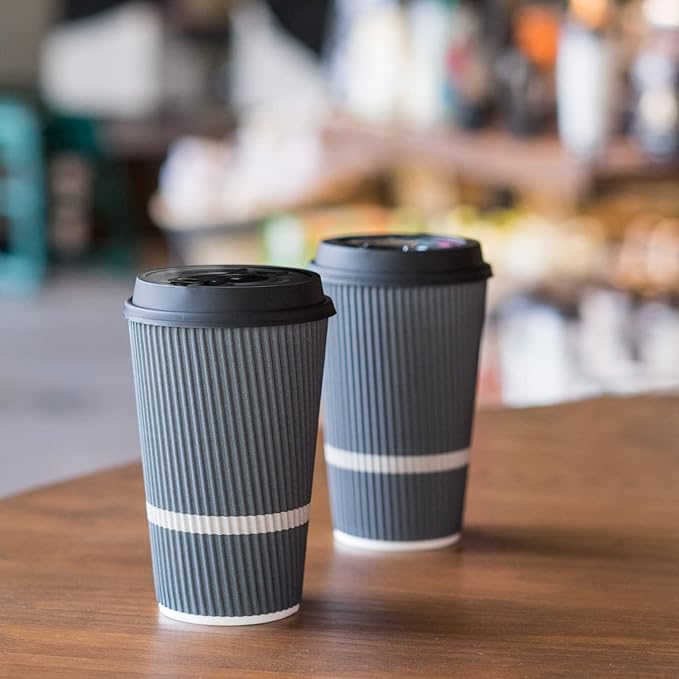 Disposable Coffee Cups With Lids - 16 oz To Go Coffee Cup (70 Pack). Large Travel Cups Hold Shape With Hot and Cold Drinks, No Leaks! Insulated Ripple Cups Protect Hands, No Sleeves needed!